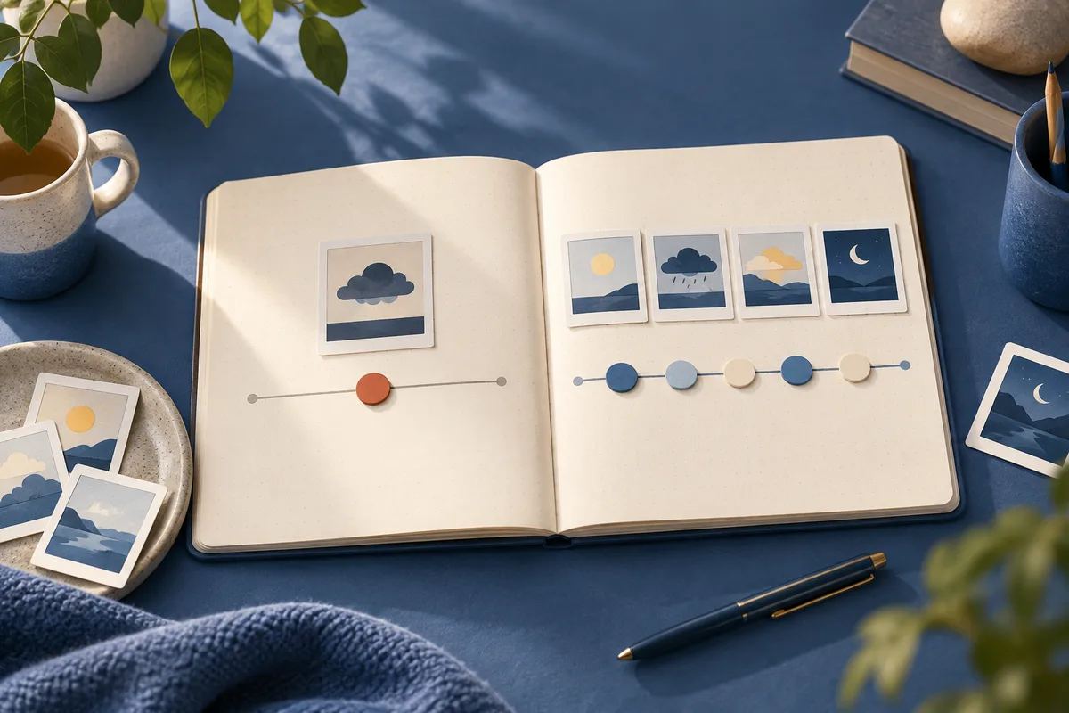 Open notebook on a blue surface with small picture cards showing a sun, clouds, rain, mountains, and a crescent moon, plus colored round markers on horizontal lines, a cup, loose cards, a pencil, and plants.