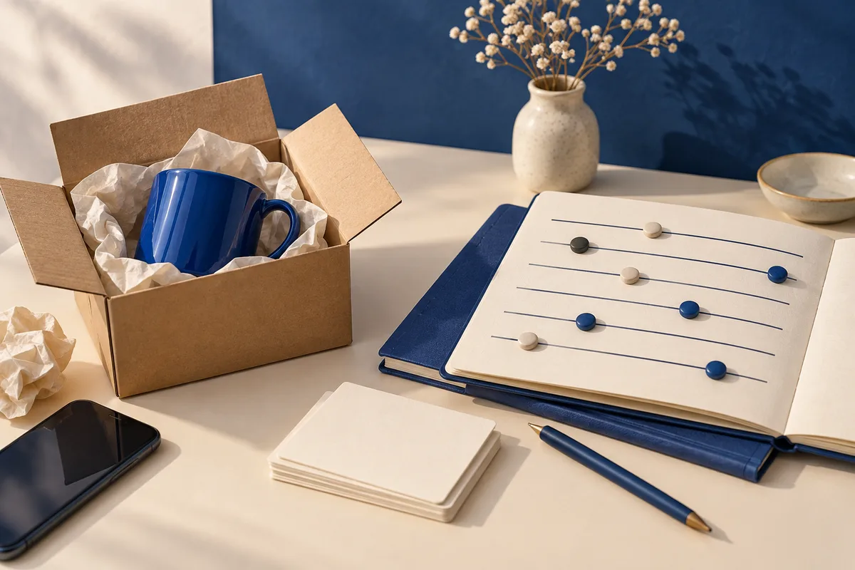 A blue mug sits in an open cardboard box beside a notebook with lines and colored markers, a vase of flowers, a bowl, a phone, and a pencil.
