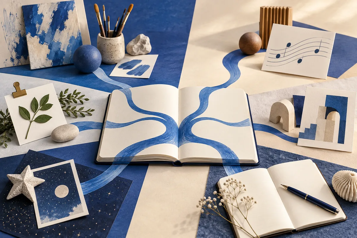 An open blank book crossed by branching blue ribbons, surrounded by paintbrushes, color swatches, a leafy sprig, abstract line and dot artwork, geometric paper shapes, and a pen.