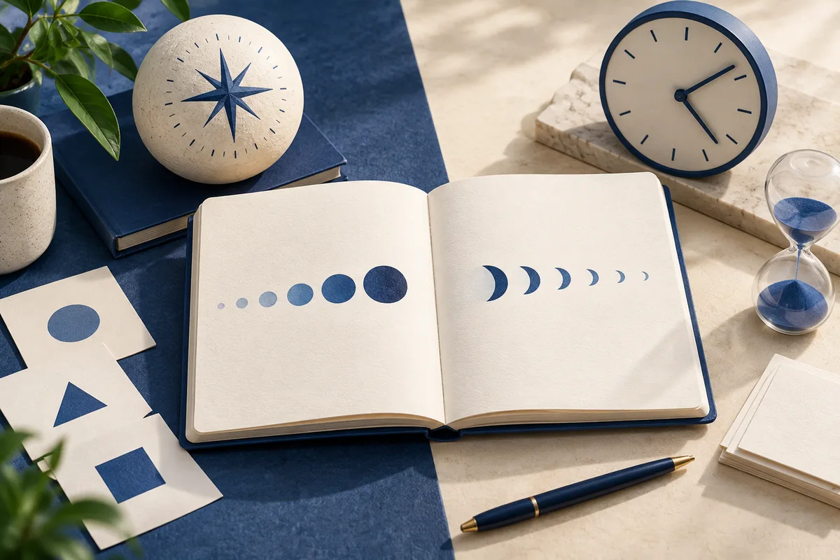 An open notebook displays blue dots growing larger on one page and crescent shapes growing smaller on the other. A compass, clock, hourglass, pen, cup, and leaves surround it.