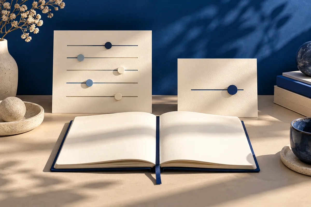An open notebook sits beneath two cards with horizontal sliders and colored markers, on a table with a vase, stone objects, and stacked books.