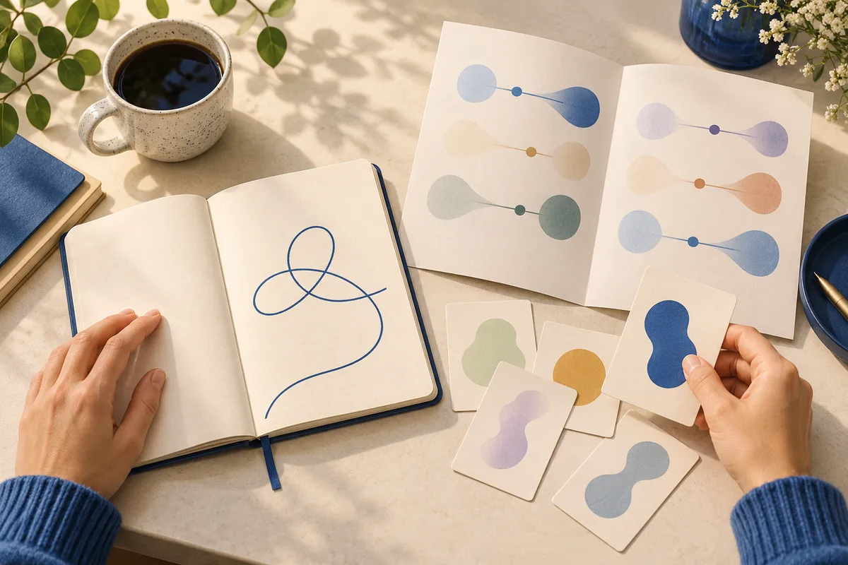 Two hands arrange small cards with colored abstract shapes beside an open notebook with a looping line and a cup of coffee.