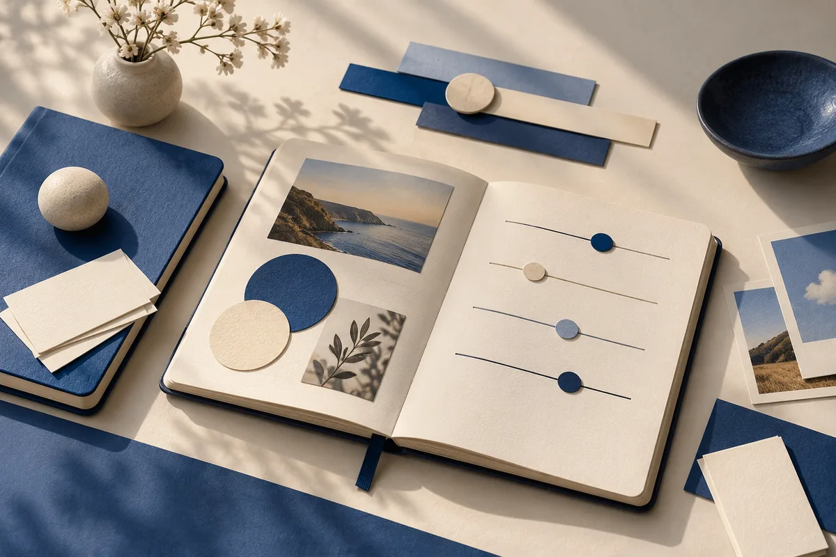 An open notebook displays a coastal photo, overlapping blue and cream circles, a leaf image, and four horizontal lines with colored markers; blue books, loose cards, a vase of white flowers, and a dark bowl surround it.