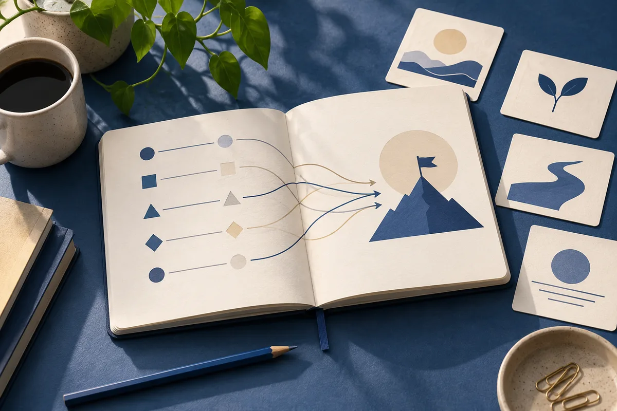 An open notebook shows rows of shapes and lines flowing toward a flag on a mountain; illustrated cards, a pencil, coffee cups, and a leafy plant sit nearby.