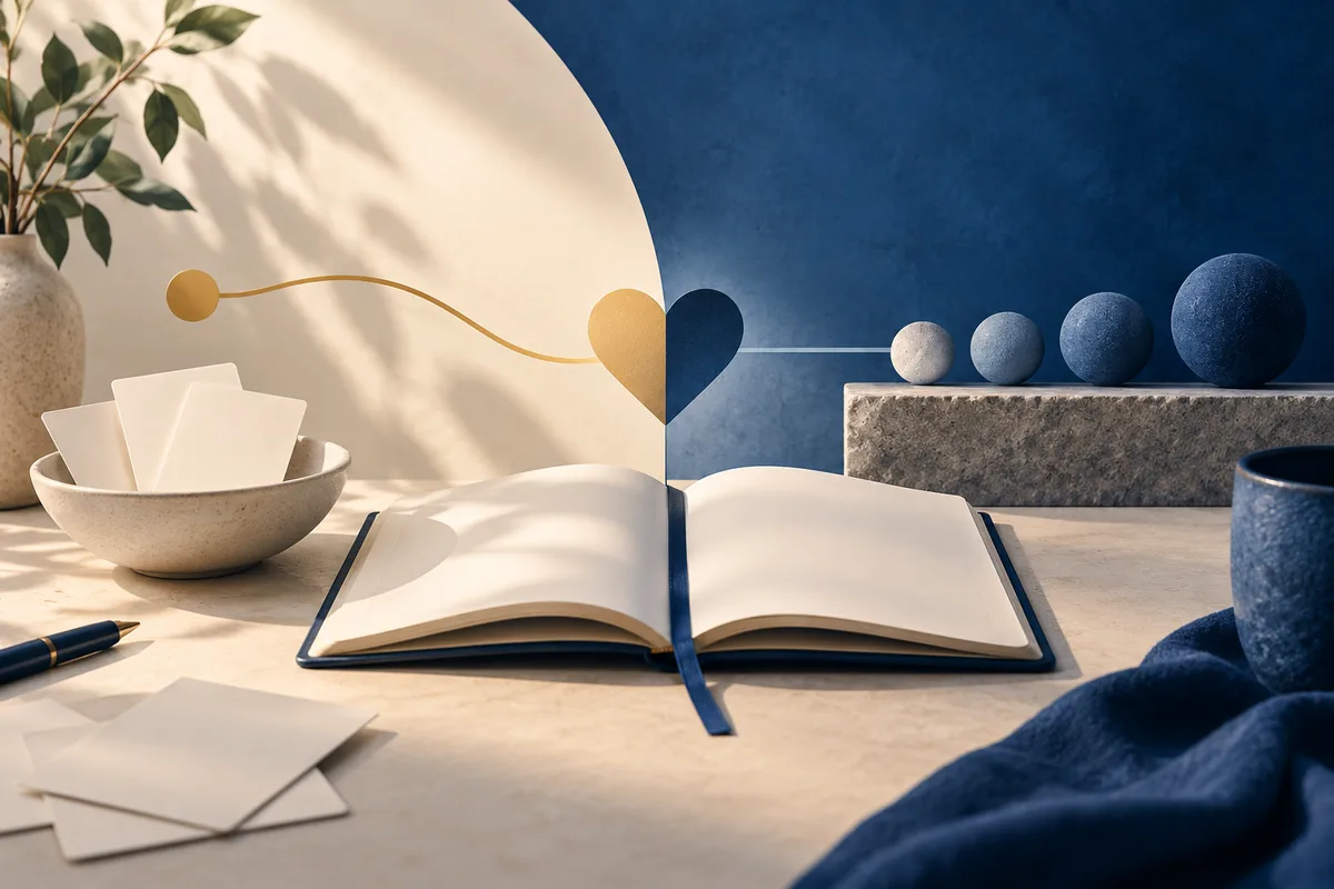 An open blank notebook sits between a cream and navy still life, with blank cards in a bowl, a gold line and heart shape, and four blue spheres on a stone shelf.
