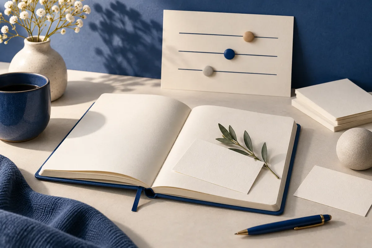 An open blank notebook and pen sit beside a card with three lines and colored markers; a cup, vase of white flowers, stacked paper, and small cards complete the still life.
