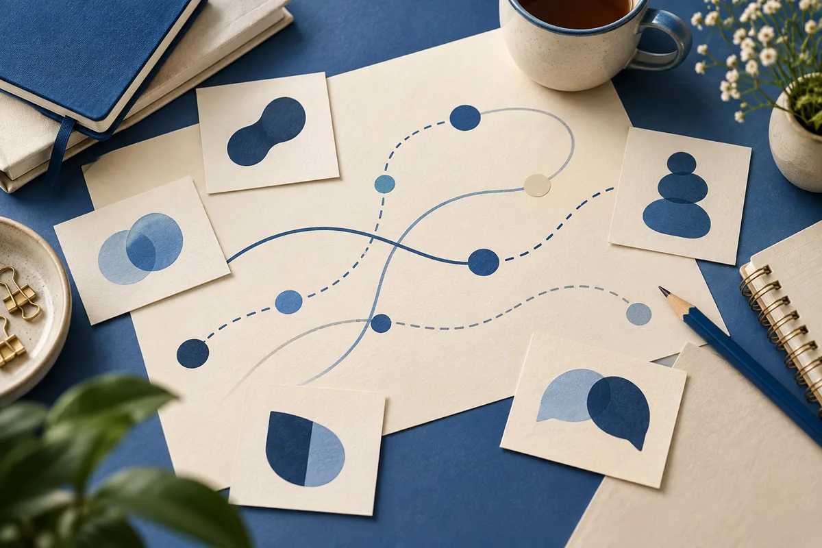 Top-down still life of cream cards with blue circles and curved lines on a blue surface, surrounded by notebooks, a cup, a pencil, and plants.