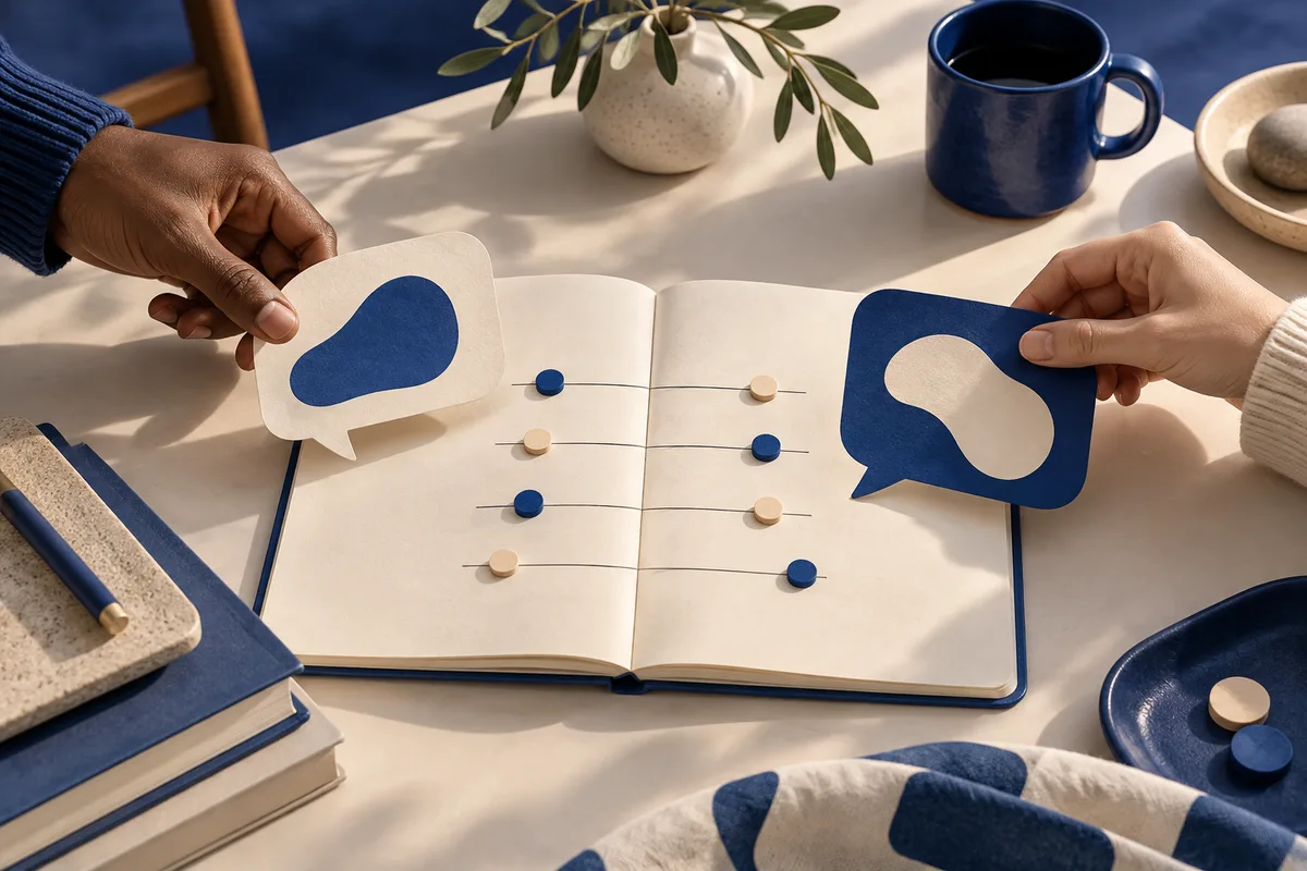 Two hands hold speech-bubble-shaped cards above an open notebook with blue and cream markers arranged on horizontal lines.