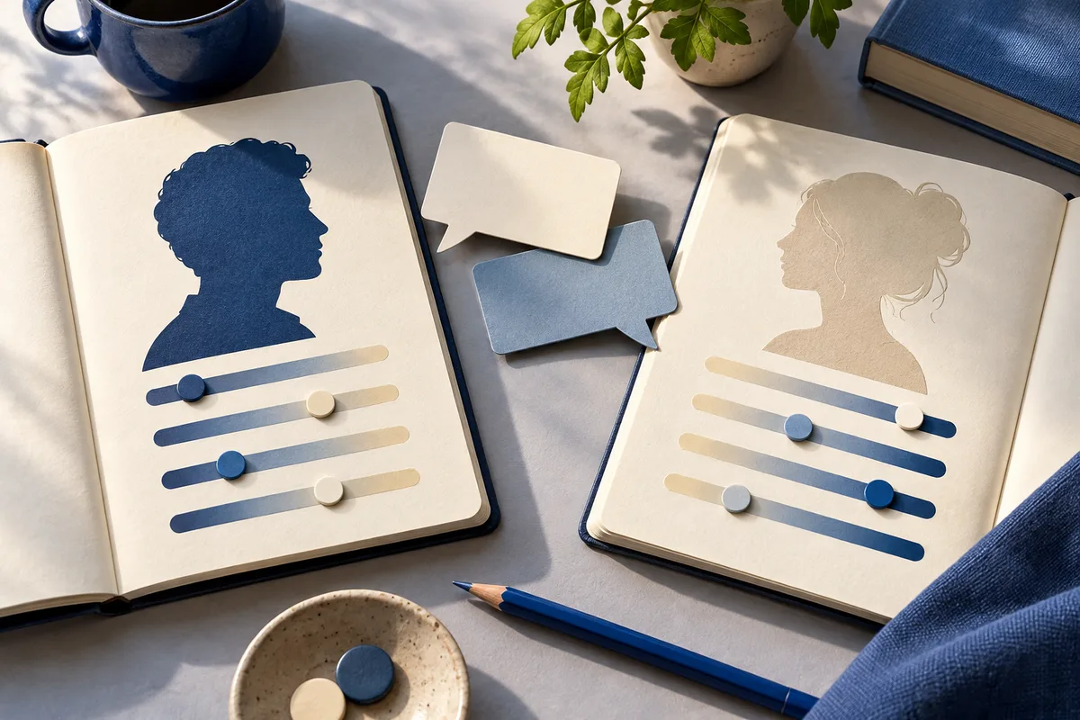 Two open notebooks show dark and light profile silhouettes with horizontal bars and round markers; speech bubbles sit between them.