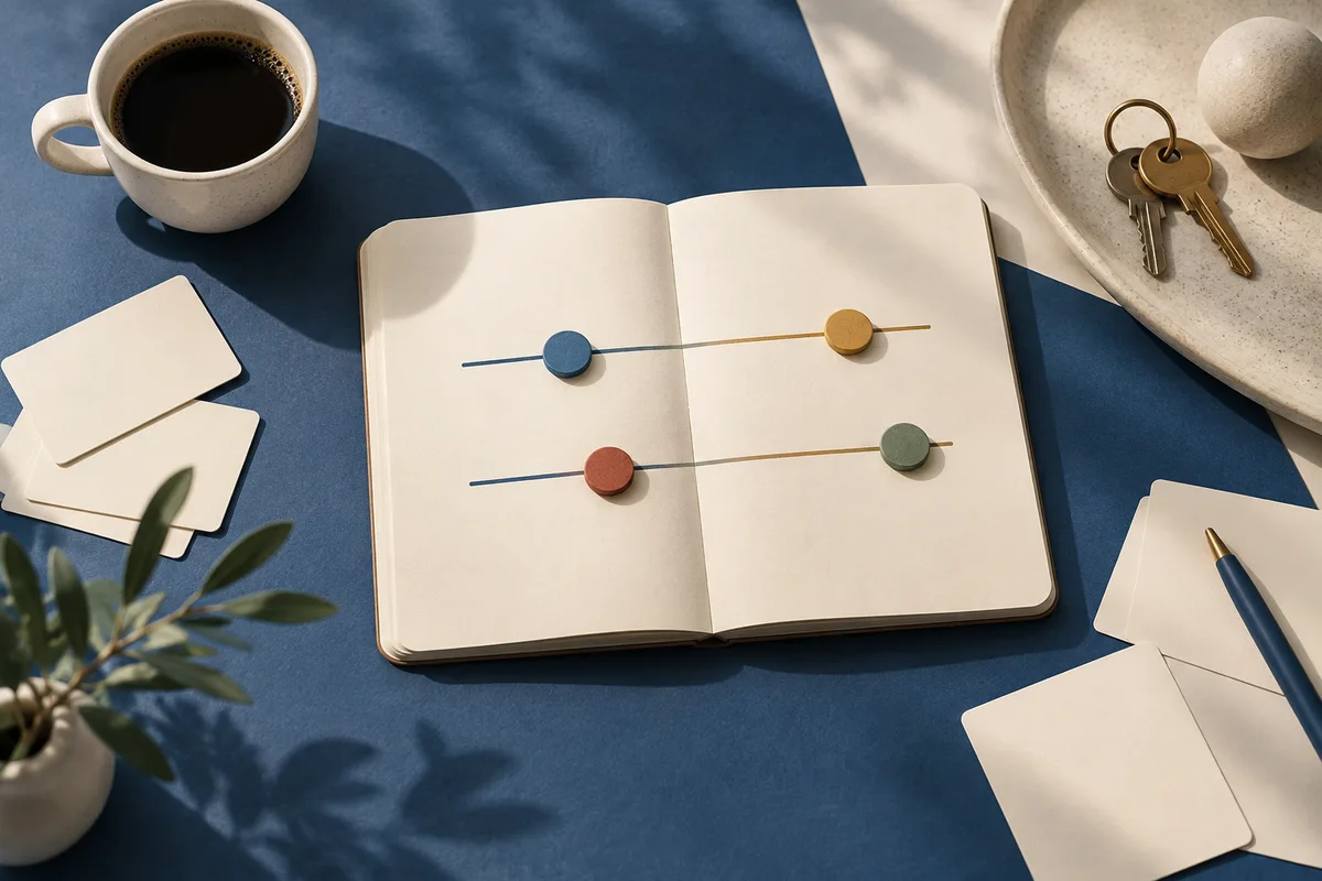 An open cream notebook with four colored markers on horizontal lines, surrounded by a coffee cup, keys, blank cards, a pen, and a small plant on a dark blue table.