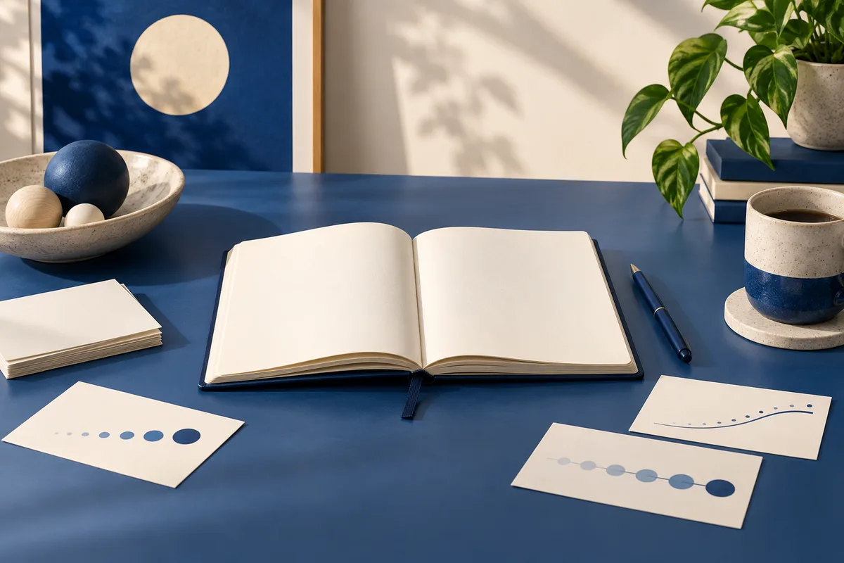 An open blank notebook, pen, cup, bowl of spheres, and paper cards with rows of blue dots on a blue desk.