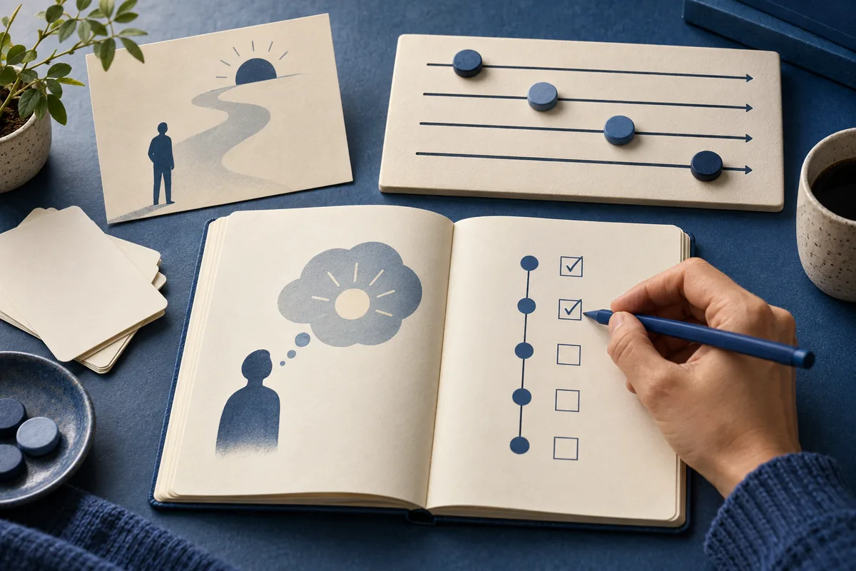 A hand marks a checklist in an open notebook beside a figure and thought cloud, with four horizontal sliders above.