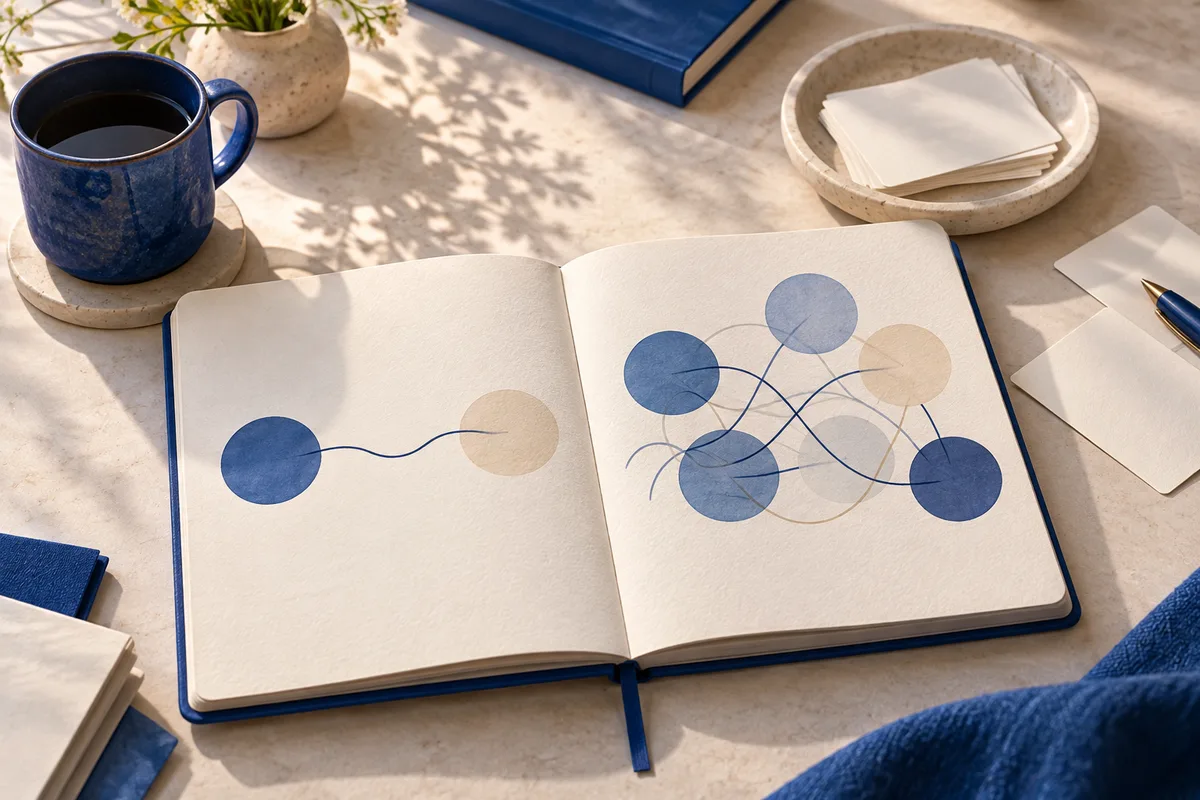 An open notebook shows blue and cream circles connected by curved lines; a blue mug, papers, and a pen sit on the desk.