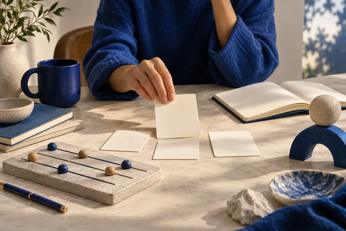 A person in a blue sweater holds a blank card over several cards on a table. An open notebook, blue mug, books, pen, and a board with blue and tan pieces are nearby.