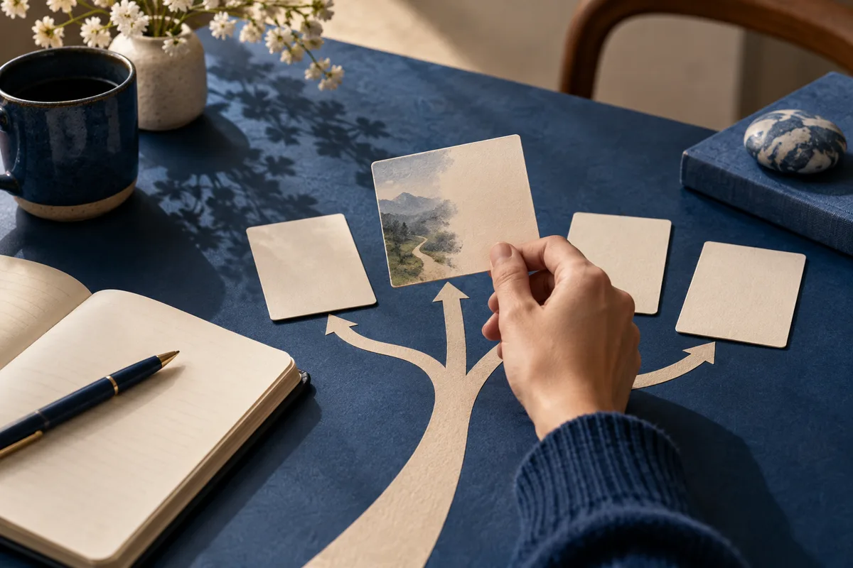 A hand holds an illustrated card above a tabletop with three branching arrows and three blank cards. An open notebook, pen, mug, flowers, and books are also visible.