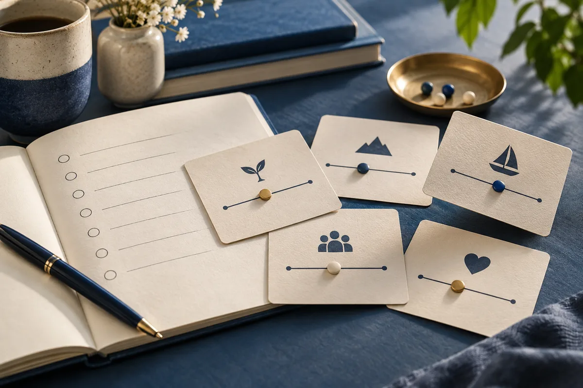 An open notebook and pen lie beside five cream cards with simple icons and colored pieces placed along horizontal lines. Books, a cup, a vase, and a shallow bowl are in the background.