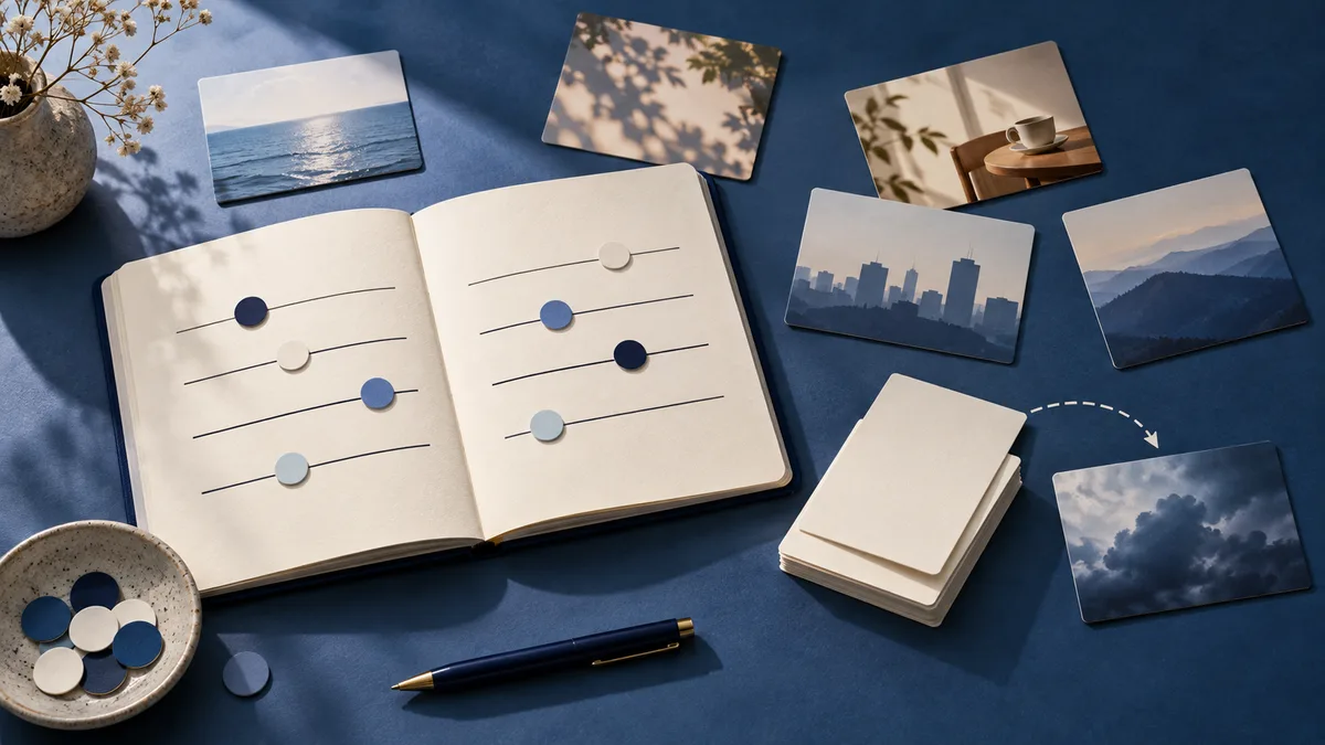 An open notebook with blank horizontal scales and blue, white, and gray markers, surrounded by small picture cards, stacked cards, a pen, and a bowl of markers on a blue surface.