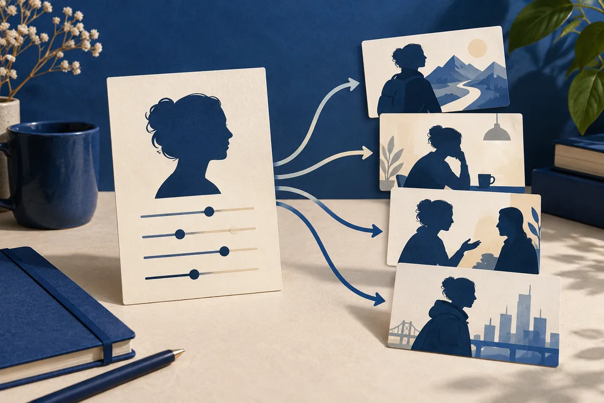 A profile silhouette card with four horizontal scales sends arrows toward four scene cards showing a mountain path, a seated person, two people talking, and a city.