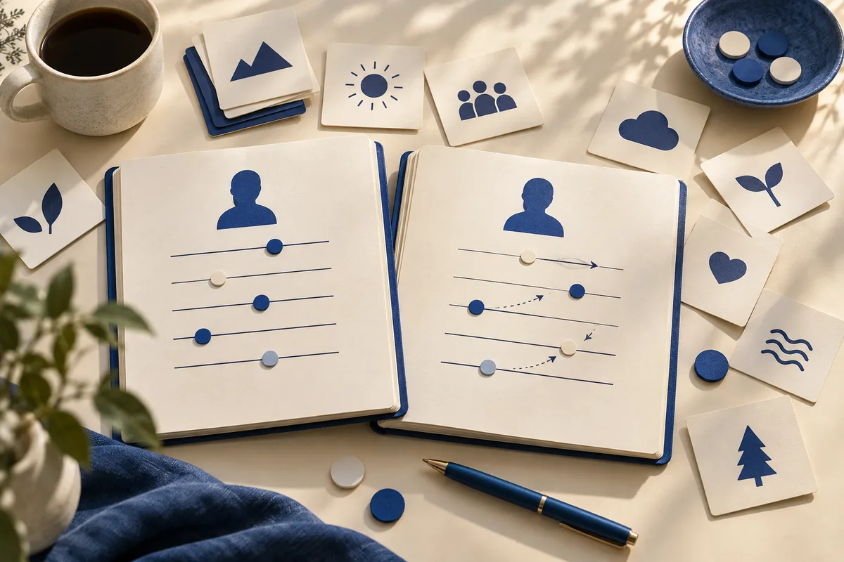 An open notebook shows two blue profile icons above horizontal scales, with arrows connecting markers on the right page; symbol cards, a coffee cup, and a bowl of markers surround it.