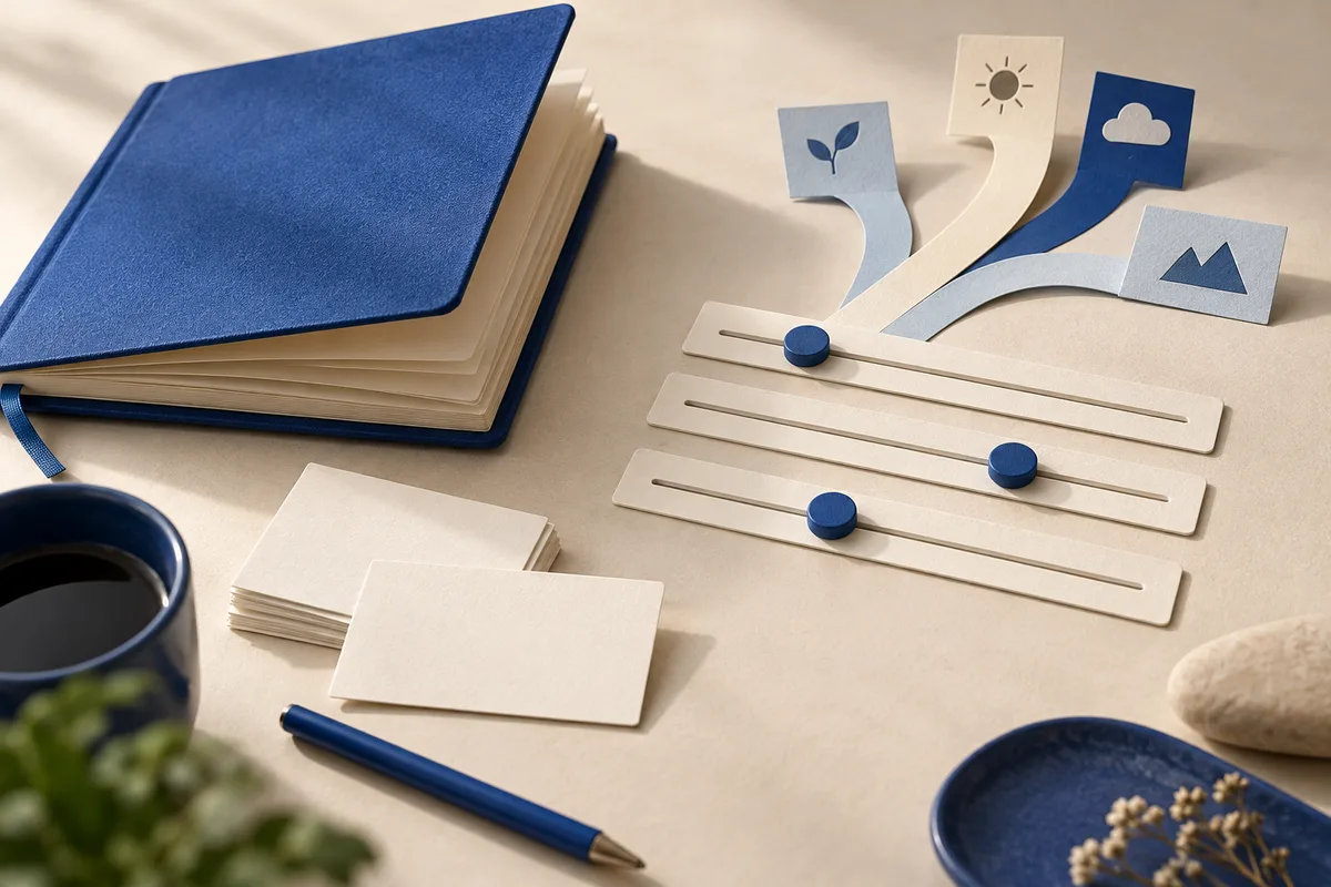 A closed blue notebook sits beside three horizontal slider strips with blue markers and branching paper strips marked with leaf, sun, cloud, and mountain symbols.