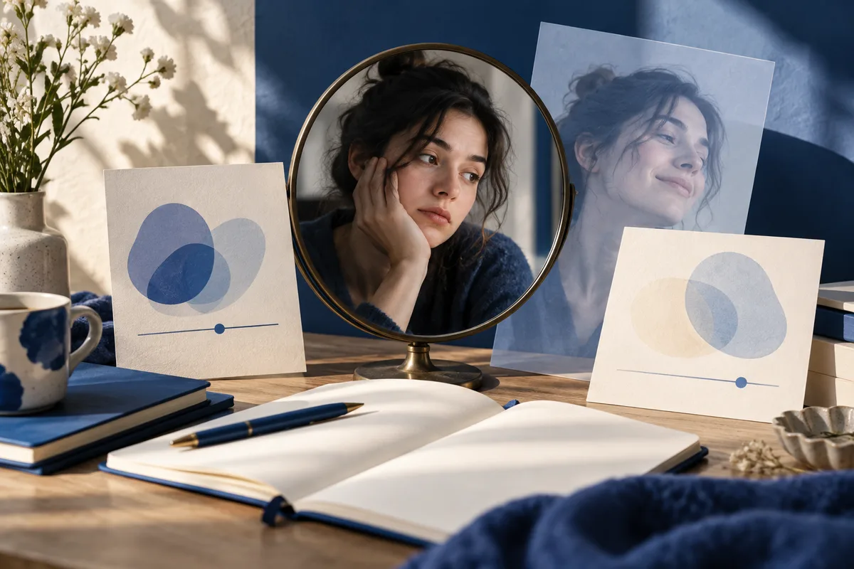 A person rests their face in one hand beside an open notebook, mirror, abstract blue-and-cream cards, pens, books, and a cup on a sunlit table.