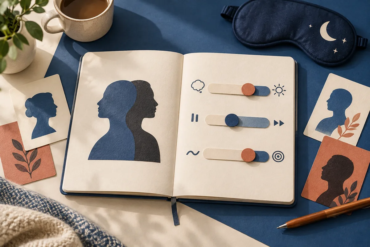 An open notebook shows overlapping profile silhouettes on one page and three slider-like bars with simple symbols on the other, surrounded by cards, a cup, and an eye mask.