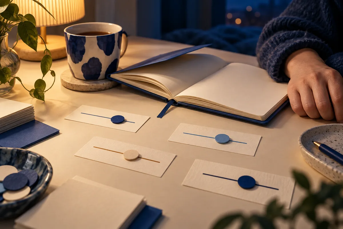 An open notebook, patterned cup, and a person’s hand sit on a warmly lit table with four cards, each marked by a line and colored circular marker.
