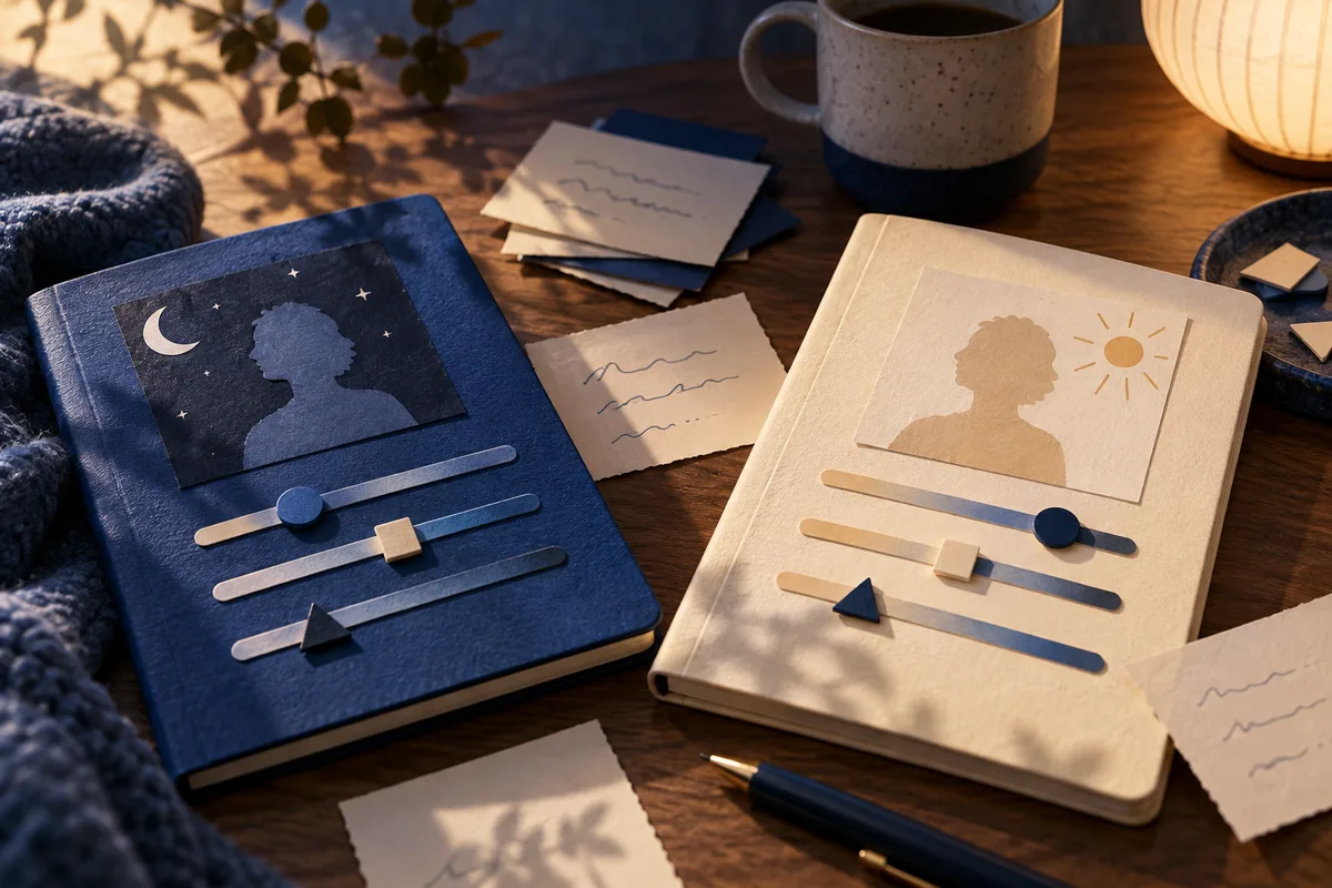 Two closed notebooks lie on a wooden table: one dark blue with a moonlit profile silhouette and sliders, the other cream with a sunlit silhouette and sliders.
