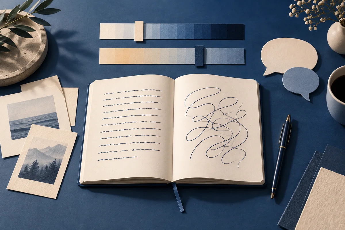 Open notebook with handwritten lines and looping marks beside two blue-and-cream color scales, speech bubbles, photographs, a pen, a coffee cup, and plants on a dark blue surface.