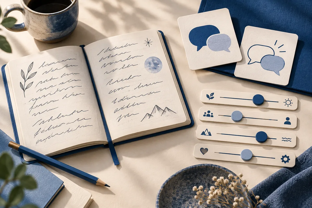 Open notebook with handwritten pages beside speech-bubble cards and four horizontal sliders with simple icons; a coffee cup, pencil, books, and dried flowers surround the scene.