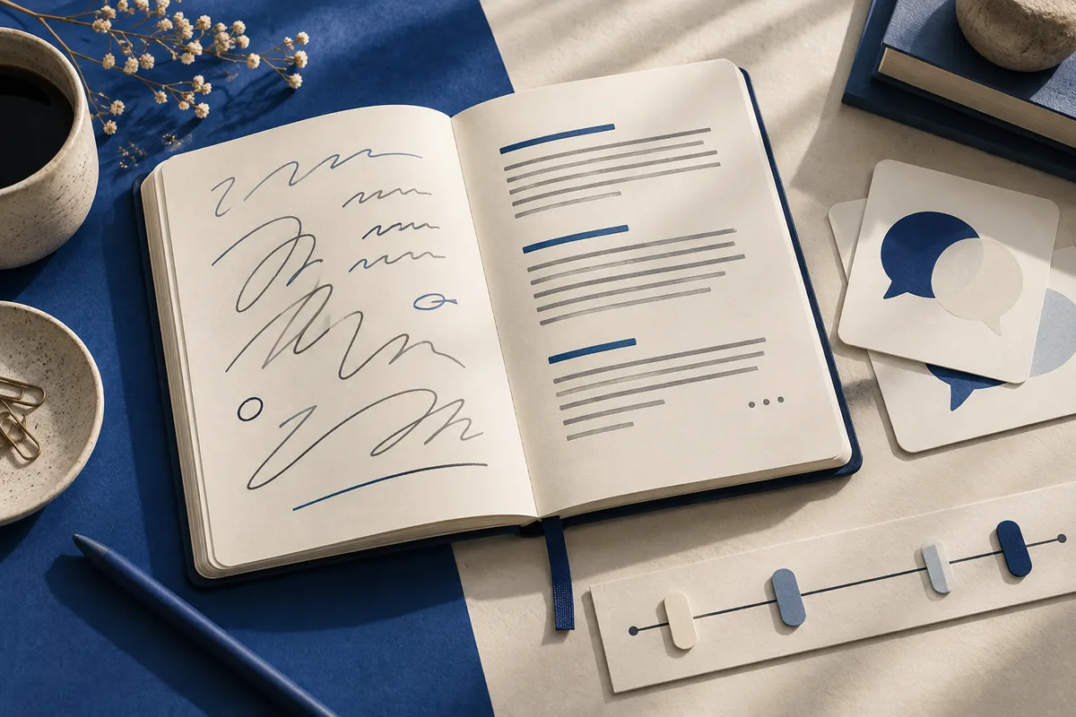 Open notebook showing loose handwritten marks on one page and horizontal lines on the other, beside speech-bubble cards and a slider with four movable markers.