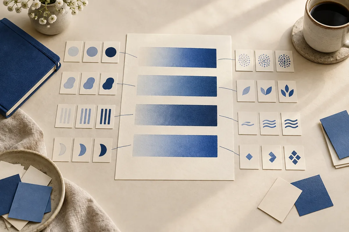 An overhead view of a cream-colored table with four blue gradient bars on a sheet, surrounded by small cards with simple blue shapes, a notebook, flowers, and a cup of coffee.