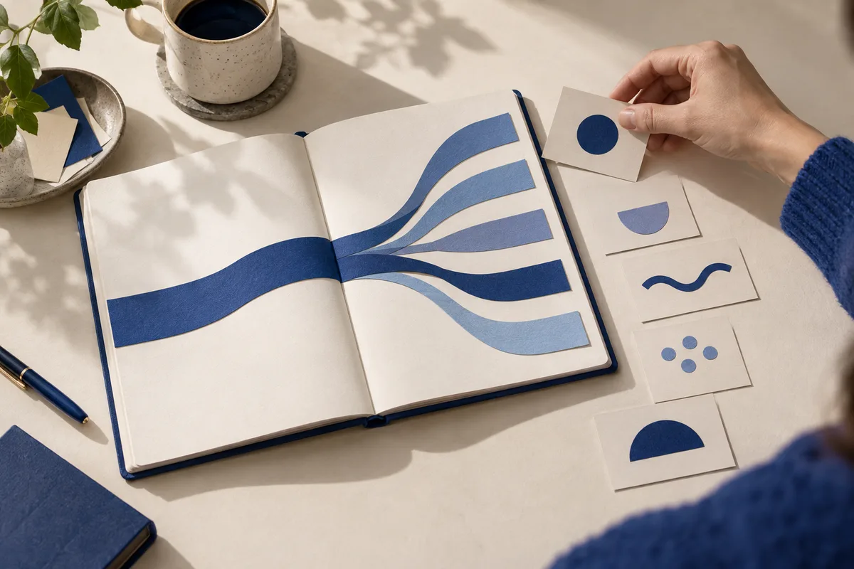 An open notebook shows one wide blue band branching into several curved bands; beside it, a hand holds a card with a blue circle above cards with other blue shapes.