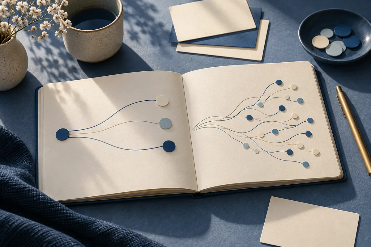 An open blank notebook shows branching curved lines ending in blue, gray, and cream dots. Blank cards, a bowl of colored pieces, a gold pen, and a flowering branch sit nearby.