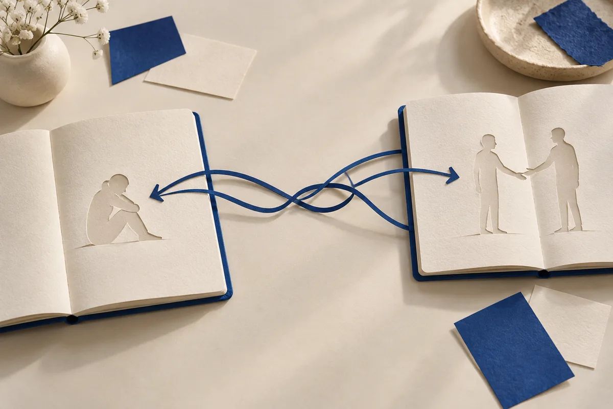 Two open cream notebooks show a seated paper figure on one page and two figures shaking hands on the other, connected by looping blue arrows. Blue paper cards, a bowl, and a vase of white flowers sit on the table.