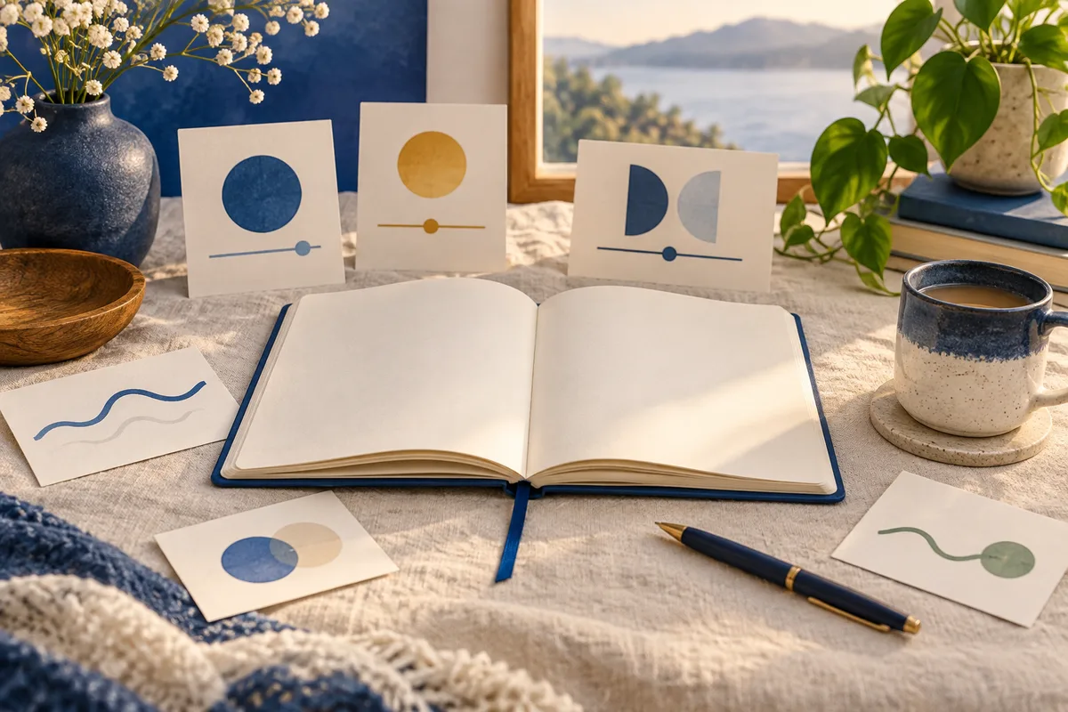 An open blank notebook sits among cards with colored circles and lines, a pen, flowers, plants, and a mug on a sunlit table.