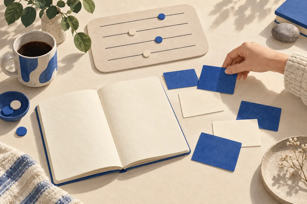 A hand moves a blue card beside an open blank notebook and a board with four slider lines and blue and cream markers.