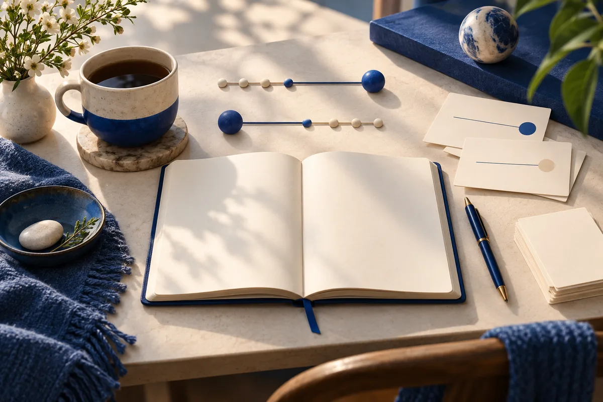 An open blank notebook, a blue-and-cream coffee cup, and cards with dots arranged beside two bead scales on a sunlit table.