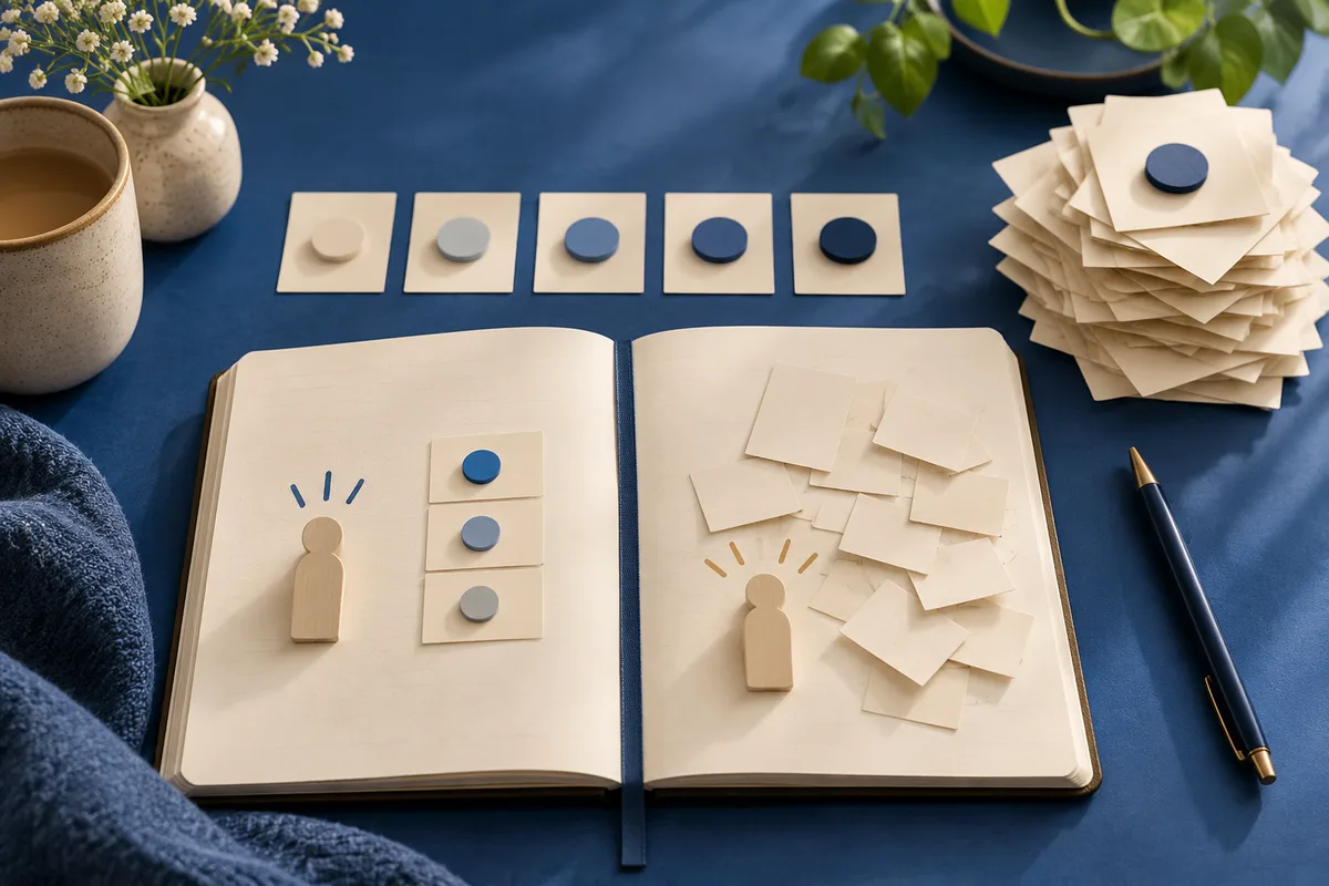An open notebook displays simple wooden person shapes, blank cards, and rows of colored discs on a blue tabletop.