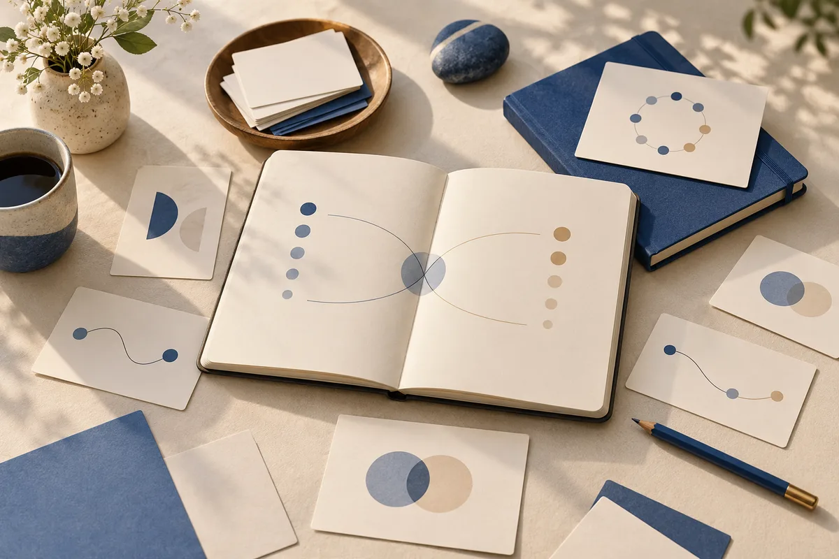 An open notebook with abstract dot diagrams lies among blank cards, blue books, a cup of coffee, and a vase of flowers.