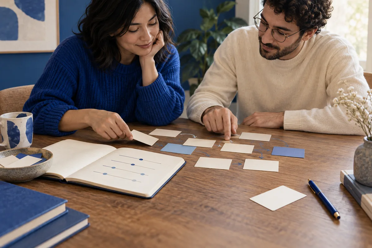 Two people arrange blank cards on a table beside an open notebook with line-and-dot diagrams.