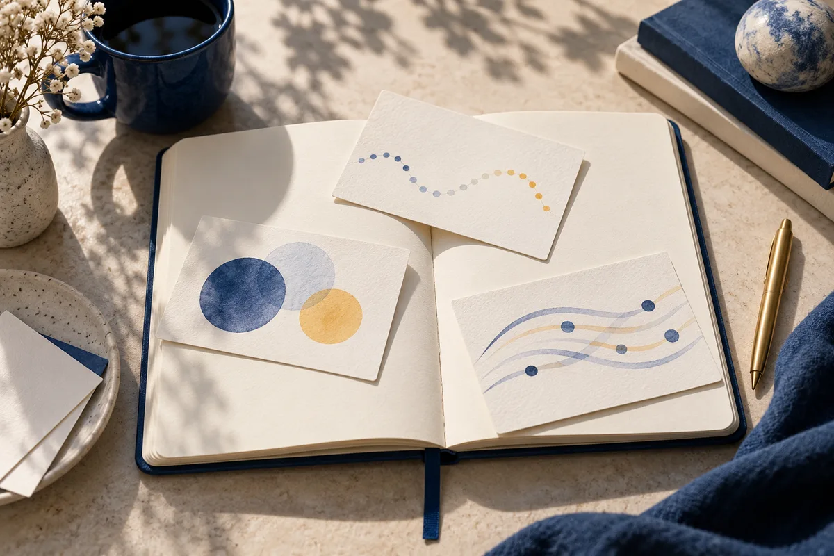An open notebook holds cards with overlapping circles, a dotted curve, and several flowing lines in blue, cream, and gold.