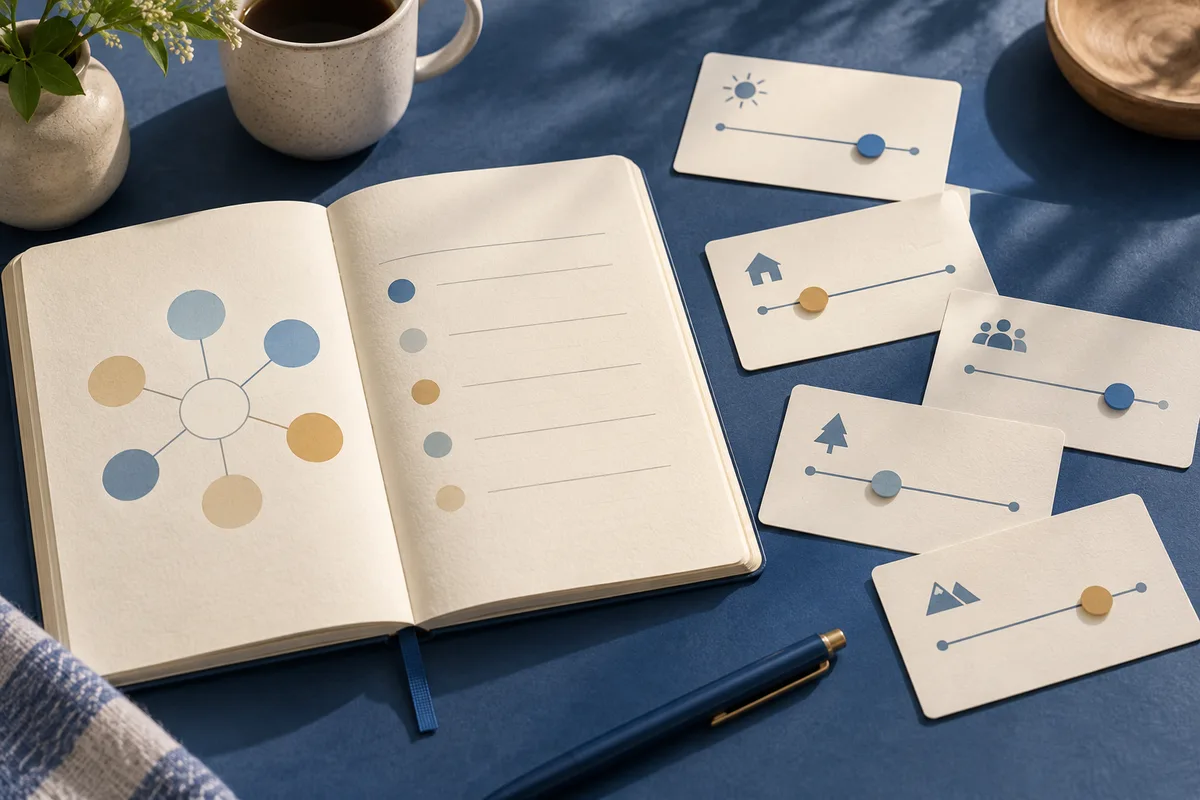 An open notebook with a colored node diagram and blank lines sits beside cards showing icons and slider markers.