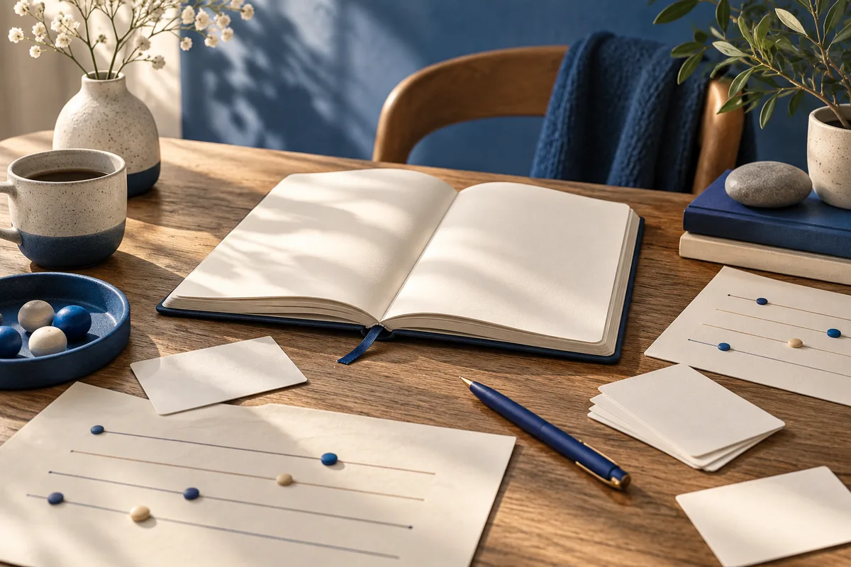 An open blank notebook sits on a wooden table beside a pen, cards, and papers marked with blue and cream dots along lines.