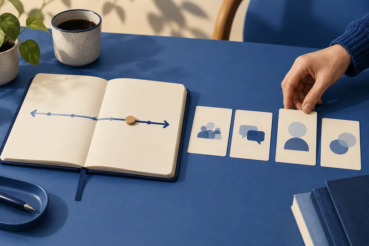 A hand selects a card beside an open notebook with a blue continuum line and marker; nearby cards show group, speech, and person icons.
