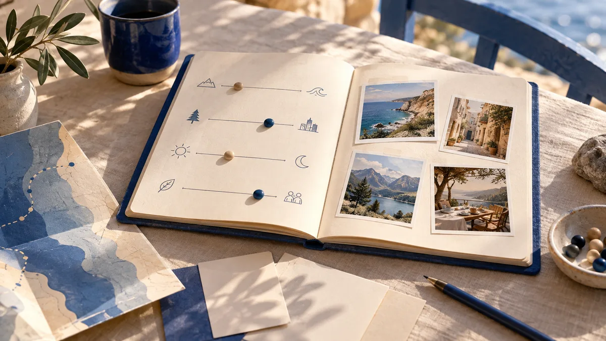 An open journal with four illustrated slider lines sits beside travel photos, a map, and a blue mug.