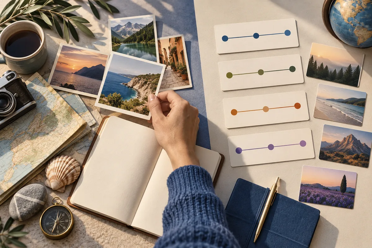 A hand holds a coastal travel photo beside maps, more landscape photos, and four cards with colored lines and dots.