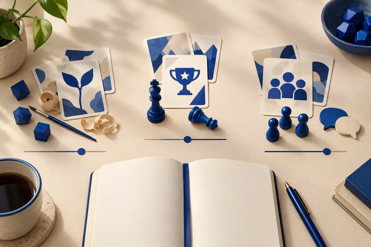 Cream tabletop with illustrated cards, blue chess pieces, slider scales, and an open blank notebook among a pencil, cup, and plant.