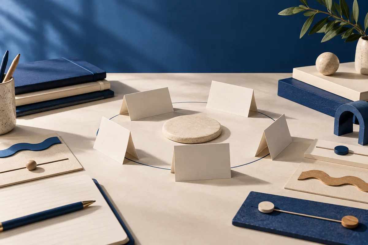 A cream tabletop holds blank folded cards arranged around a round stone on a thin blue circle, with notebooks, pencils, stacked books, abstract shapes, and a small plant nearby.