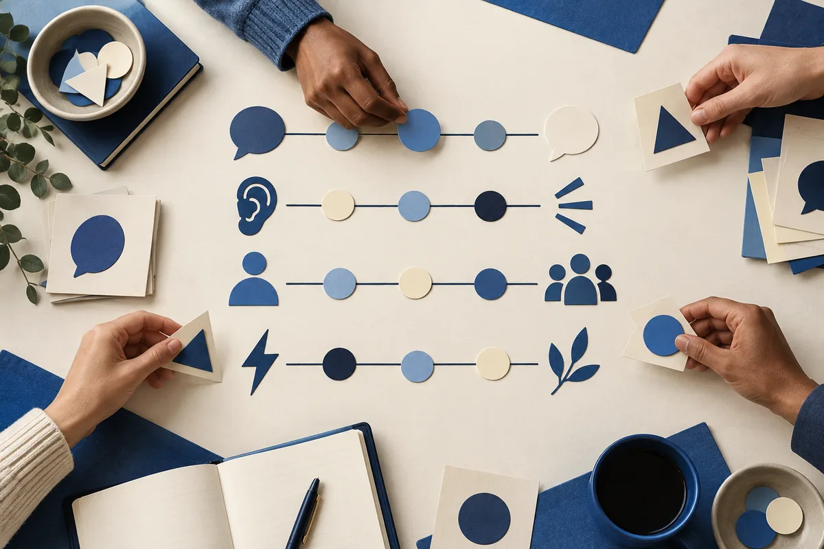 Several hands arrange blue, cream, and gray circles and geometric cards along horizontal lines on a tabletop, surrounded by icons, an open notebook, a coffee cup, and a small dish.